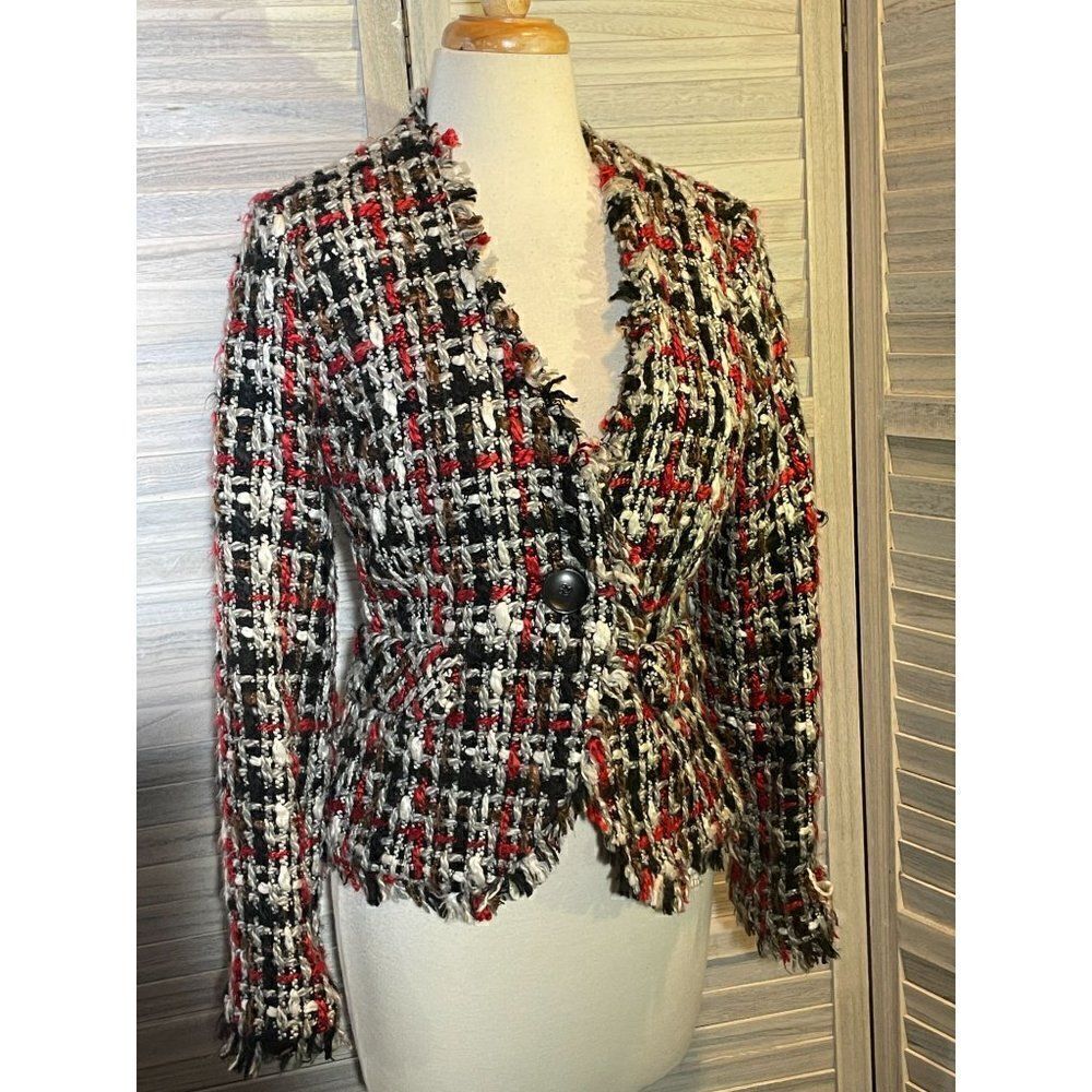 Tara Ryan Size 8 Tweed Fringe Blazer Plaid One Button Career Jacket